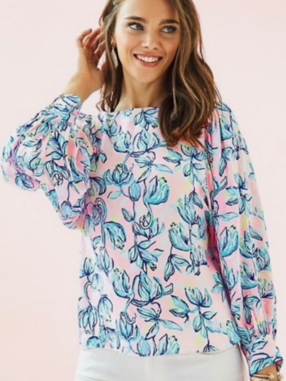 Lilly Pulitzer Maisel Long Sleeve Silk Blouse Chasing The Sun Pink Blue